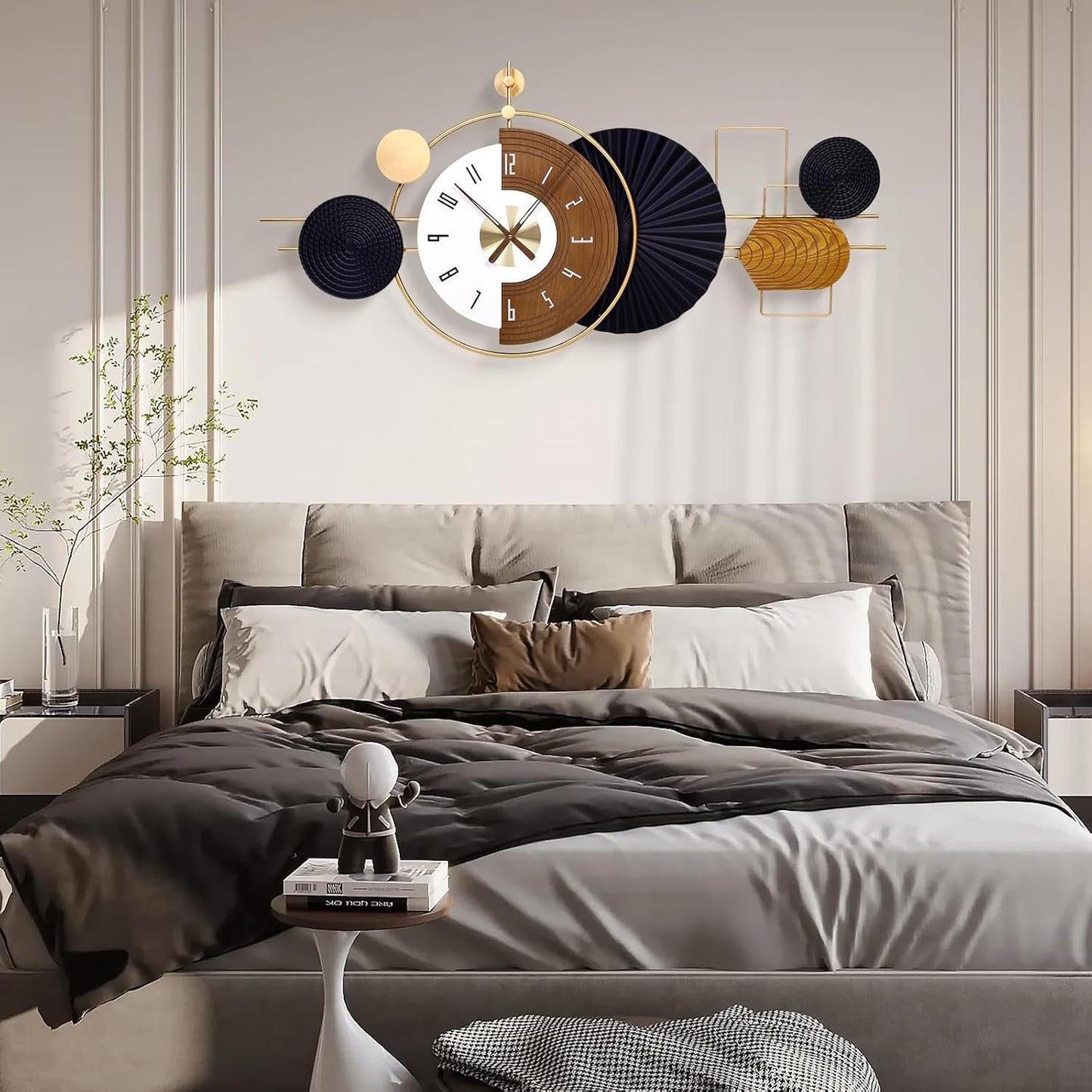 38.9X18inch Extra Large Wall Clock Battery Operated Decorative Modern Clocks for Living Room,Luxury Geometric Wall Clock Artistic Iron Wood Clocks for Suitable for Bed Room, Kitchen, Office