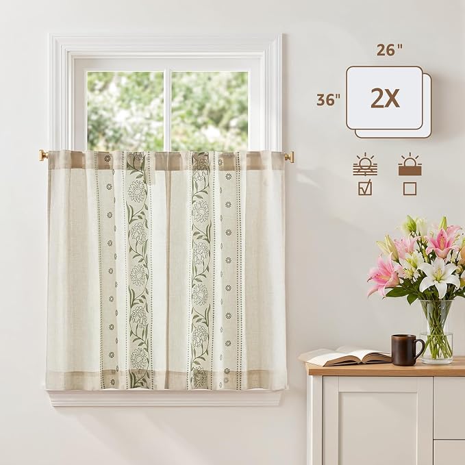 jinchan Winslow Linen Kitchen Curtains 36 Inch Length Small Window Curtains Embroidered Bordered Floral Drapes Light Filtering for Bathroom Laundry Room Farmhouse Decor Green on Beige 2 Panels
