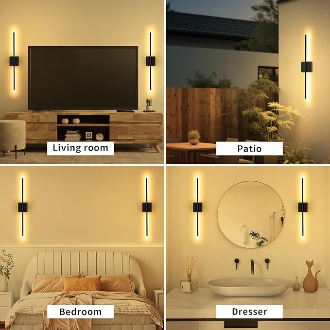 Battery Operated Wall Sconce Set of Two, Black, 28.3 inch | Remote Control, Rechargeable & Dimmable, Wireless, Peel and Stick Install, Timer Function