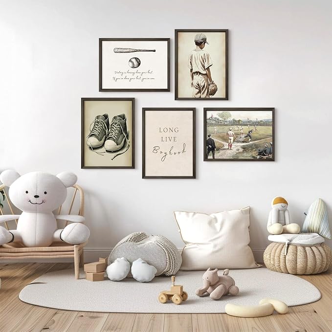 Baseball Nursery Wall Art Decor Vintage Boys Room Canvas Posters Sports Boy Pictures Baseball Vintage Nursery Painting Neutral Sport Kids Room Prints Wall Art for Bedroom 8x10x5 Inch Wood Framed