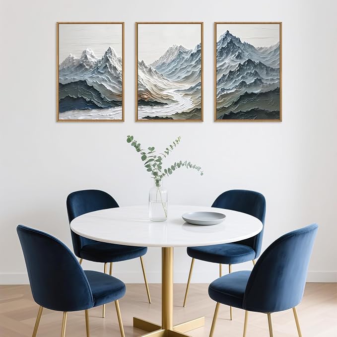 DRACIT Large Snow Mountain River Framed Canvas Wall Art Set,Modern Abstract Nature Landscape Wall Decor,Neutral Blue and White Ridge Scenery Artwork for Living Room,Bedroom,Office-16 x24 x3