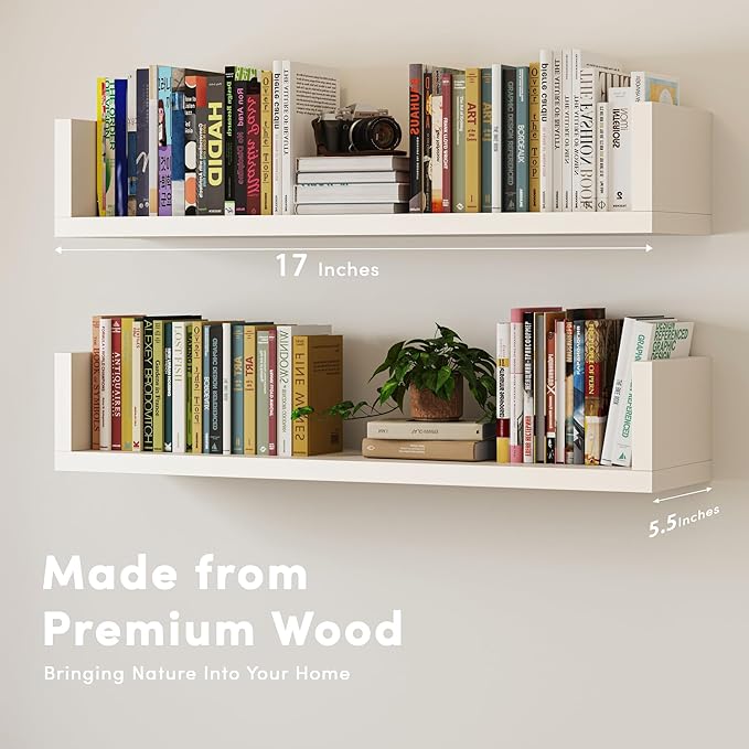 Wall Bookshelf, Set of 4, U Shaped Floating Bookshelf, Hanging Bookshelves for Wall, Wall Mounted Shelves for Living Room Bedroom Office (White, 17 Inches, 4)