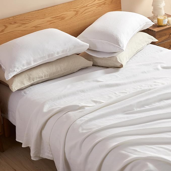 DAPU 100% Linen Pillowcases 20x40 Inches Pillow Cases (Pack of 2) with Envelope Closure, Stone Washed Breathable and Cooling (White, King)