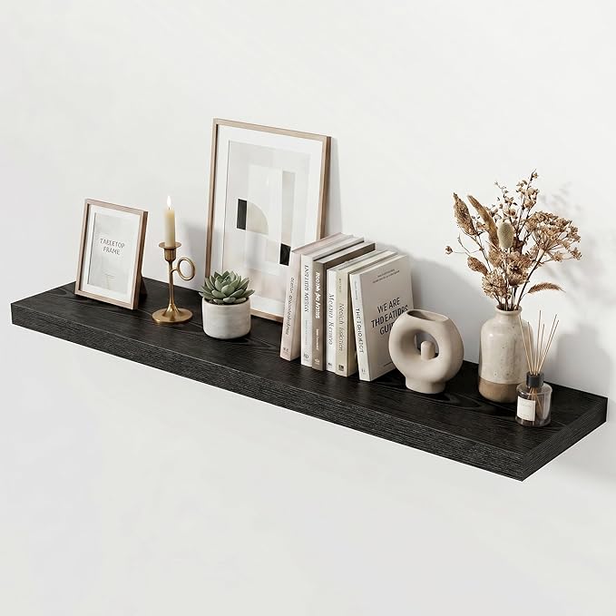 Acovy 48 Inch Floating Shelves for Wall Set of 1,Rustic Wood 12" Deep Wall Mounted Shelves,Floating Shelf with Invisible Brackets for Kitchen,Bathroom,Living Room,Decor & Storage,Black