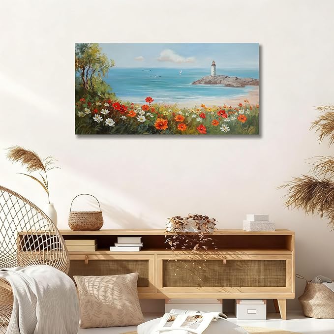 Ardemy Lighthouse Framed Canvas Wall Art for Living Room Blue Ocean Painting Seascape Landscape Coastal Picture Textured Bedroom Artwork Home Office Wall Decor, Large 48"x24"
