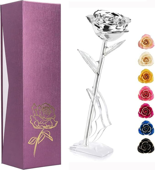 Ejoyous Silver Plated Real Rose Long Stem Forever Preserved Rose Flower for Her Women Wife Mother Girlfriend on Mothers Day Valentine's Day 25th 50th Anniversary Birthday