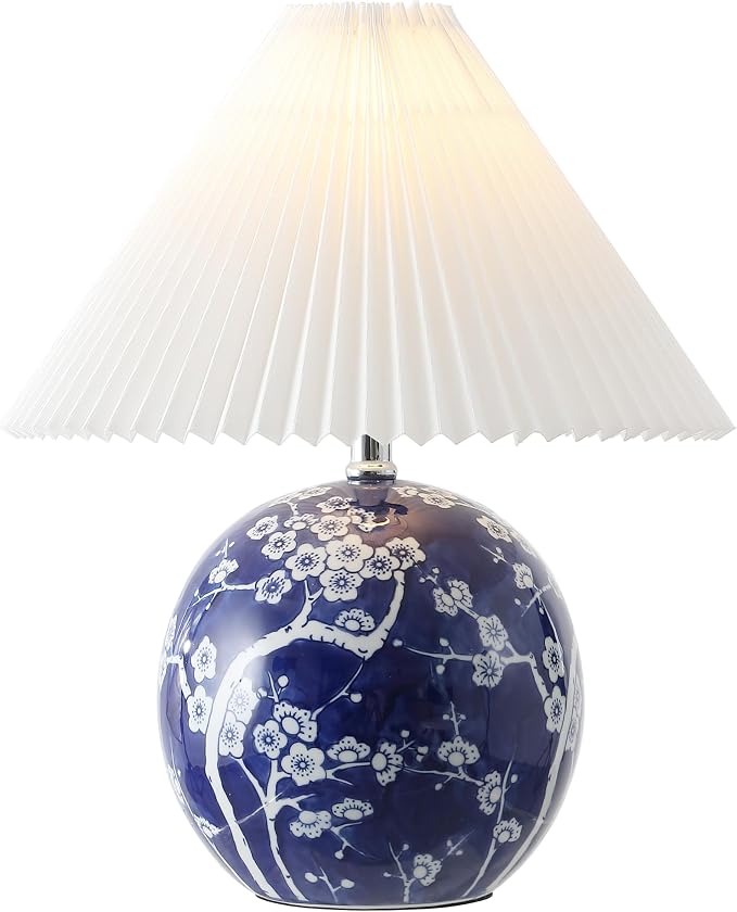 JONATHAN Y 19.5" Navy/White Shishen Chinoiserie Ceramic Table Lamp, Traditional Hand-Painted Floral Cottage Lamp with White Pleated Linen Shade, LED Bulb Included (JYL5056C)
