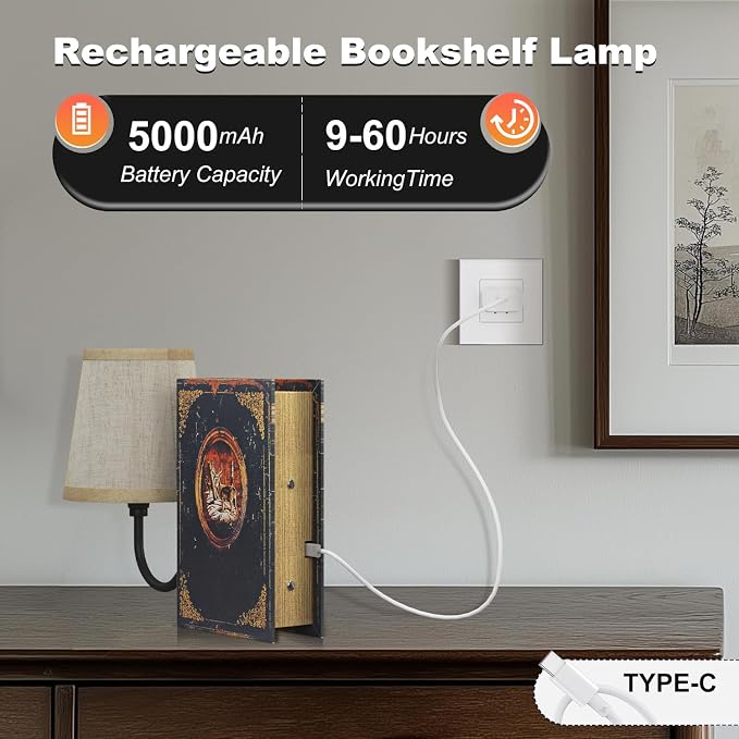 Vintage Bookshelf Lamp Rechargeable, Cordless Book Lamp with Linen Shade, Dimmable Touch Control Table Lamp, Modern Decorative Bookend, Bookshelf Lights for Office Home, Library, Study