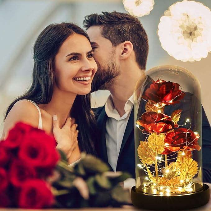Valentines Day Gifts for Her,Beauty and The Beast Rose Birthday Gift,Galaxy Flower Rose with 2 Light Modes,Colorful Crystal Flower Enchanted Rose in Glass Dome,Womens Gifts for Mom Wife Girlfriend