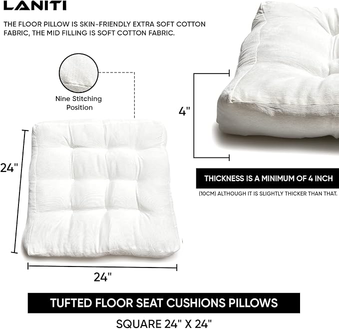 LANITI 24” Inch Extra Large Floor Cushions Tufted Floor Pillow for Adults Square Meditation Ultimate Comfort Oversized Pillows for Floor Cushion (White)