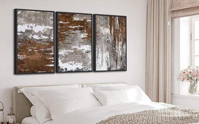 Large Framed Canvas Wall Art - Rustic Brown and White Abstract Pictures for Living Room Aesthetic Vintage Wall Decor Retro Prints for Bedroom Dinning Room Black Float Framed 24" X 36" X 3 pcs
