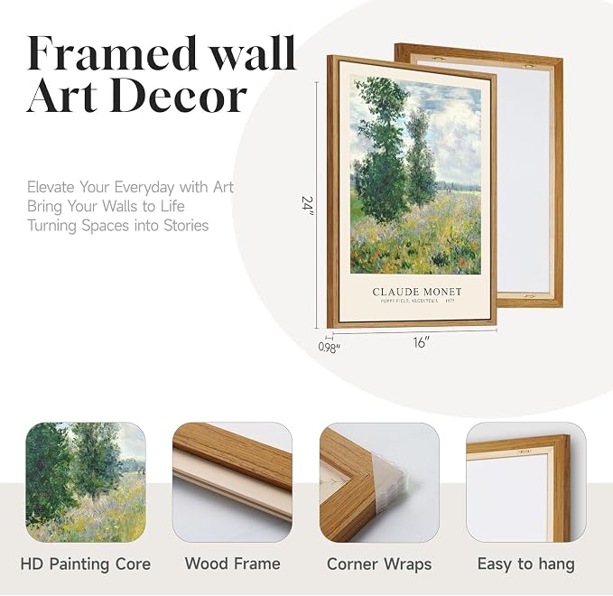 3 Piece Framed Monet Landscape Wall Art for Living Room, Vintage Impressionist Nature Canvas Prints Painting, Classic Tree Picture Artwork Decor for Bedroom Hallway 16x24 Inch