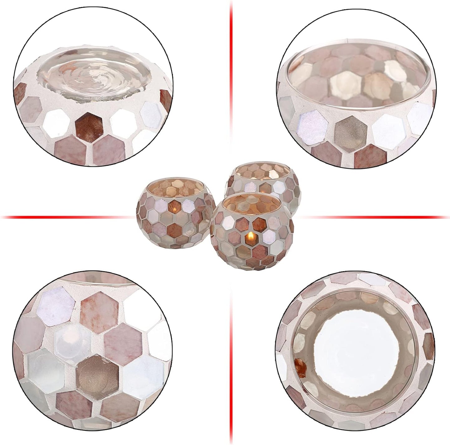 OwnMy Set of 3 Mosaic Glass Tea Light Holders Round Bowl Votive Candle Holders Pillar Candle Stands, Glass Mosaic Tealight Holders Potted Plant Bowl Vase Candle Centerpiece for Dining Table Wedding