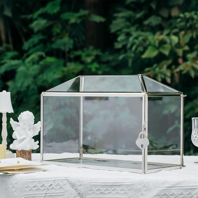 NCYP 12.6" x 5.9" x 9" Wedding Glass Cards Box with Slot and Lock, Thanks Card Holder for Keepsake, Envelops, Reception, Decorative, Silver (Glass Box Only) Slot Length 7.3 Inches