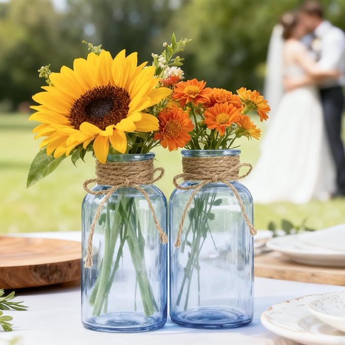 Vintage Glass Flower Vase, Farmhouse Glass Centerpiece Vases Mason Jars for Weddings, Parties & Home Decor Bulk (3, Blue)