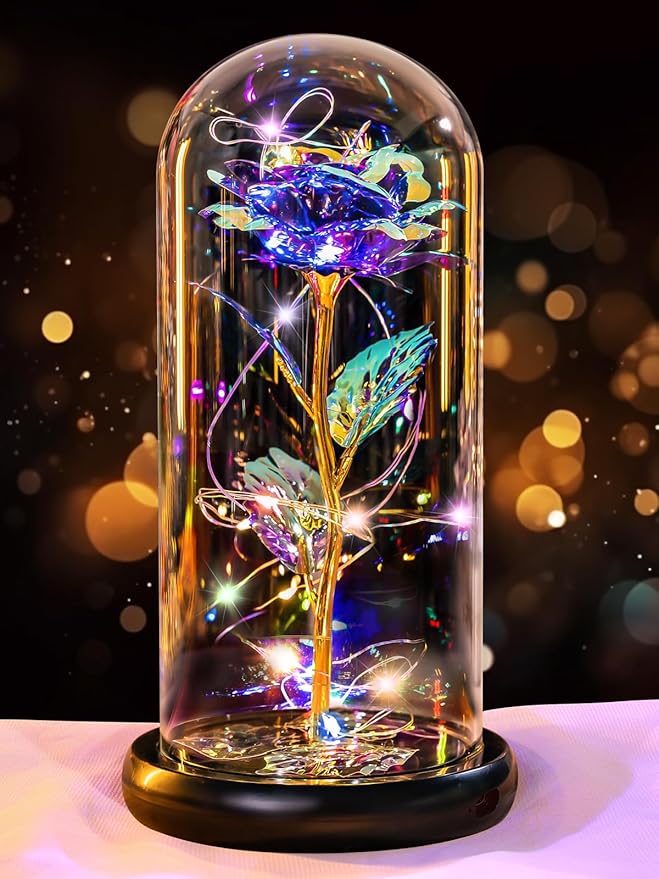 Mothers Day Flowers Gifts for Mom Birthday Gift Rechargeable Galaxy Glass Rose in Glass Dome Forever Crystal Rose Flowers Anniversary Mother's Day Roses Gifts for Daughter Wife Women Grandma Purple