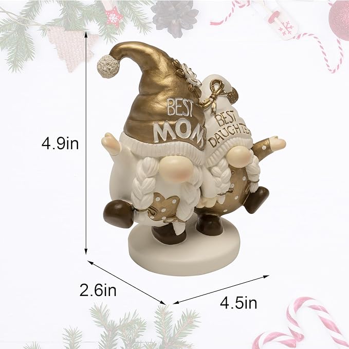 Mothers Day Gnome Figurines, Gold Resin Best Mom Daughter Gnome Decor, Cute Small Statue Birthday Gifts for Mom, Indoor Table Top Centerpieces Shelf Desk Tiered Tray Mantel Home Decorations
