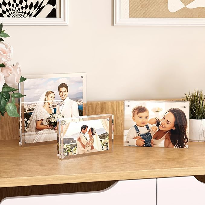 Egofine 4x6 Acrylic Frames 5 Pack, 20mm Thicker Frameless Clear Picture Frames, Double Sided Magnetic Picture Frames, Free Standing Desktop Display
