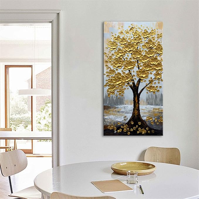 zoinart 3D Modern Oil Paintings, Gold Fortune Tree Painting, Abstract Vertical Canvas Wall Art, Floral Wall Painting for Dining Room Hallway Living Room Wall Decor 48x24 Inches