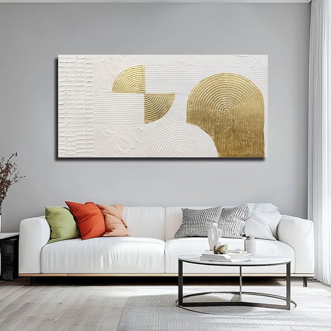 VAYIMDH White Abstract Wall Art Hand Drawn Wall Decor Pictures Semicircle Paintings Arts for Living Room 24"x48" Artwork