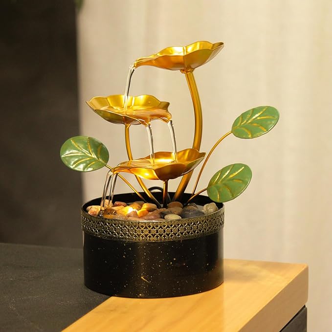 TiCin Tabletop Water Fountain with Gold Lotus Flowers, 9.8 x 6 x 6 inches, USB Powered, Indoor Relaxation Decor with Rocks