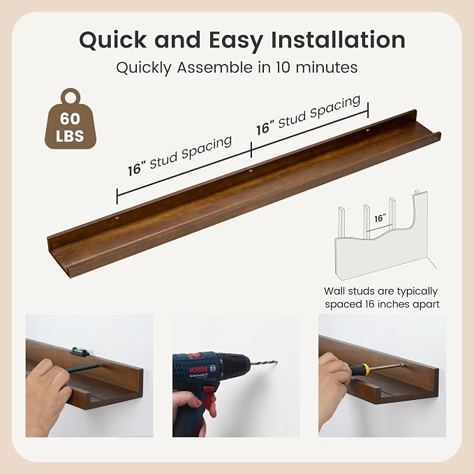 FLYJOE Picture Ledge Wall Shelves 48 Inches Width Set of 3, Solid Pine Wood Rustic Floating Ledge for Kids' Room Bedroom Kitchen Bathroom, Long Floating Shelves for Wall Decor, Walnut