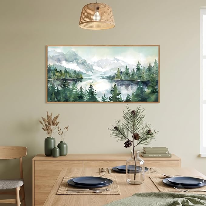 Watercolor Mountain Framed Canvas Wall Art Set,Green Forest Lake Wall Decor,Nature Boho Pine Tree Wall Painting,Foggy Wilderness Landscape Artwork for Living Room,Bedroom,Office-40 X20 X1