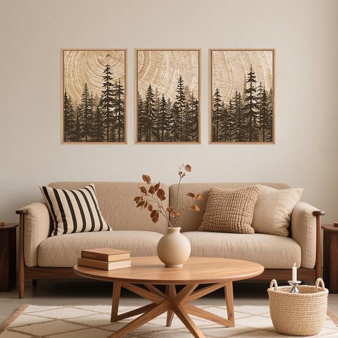Forest Pine Tree Framed Canvas Wall Art Set,Rustic Woodland Landscape Wall Decor,Large Vintage Natural Painting,Retro Brown Artwork for Living Room,Bedroom, Kitchen,Study,Office-24 x36 x3