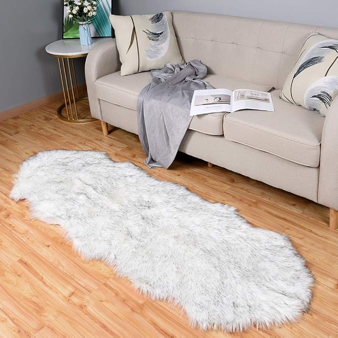 Carvapet Luxury Faux Sheepskin Runner Rug - Soft Plush Fur Couch Seat Pad Skid-Resistant Fluffy Area Floor Carpet for Bedside Entryway Bench Black White 2x6 Feet