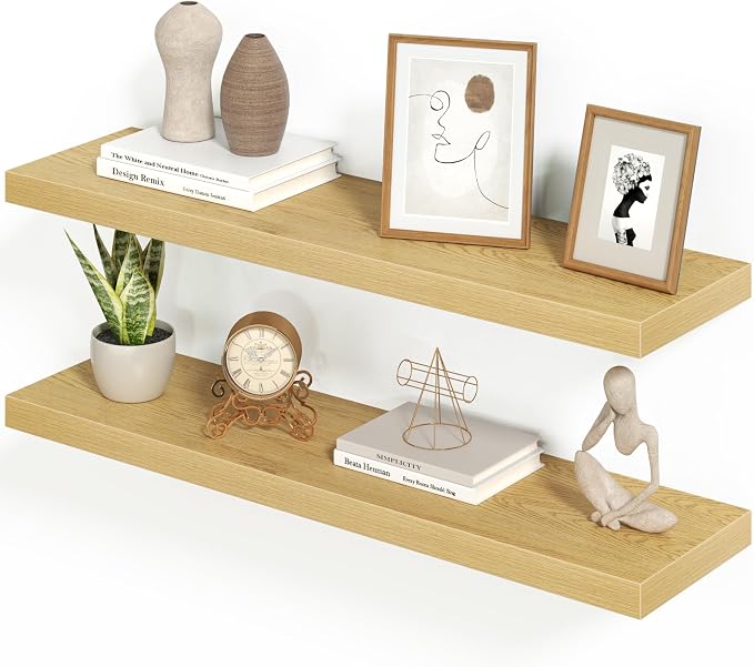 Heimlove Floating Shelves for Wall 36 Inches Long,9.3" Deep Oak Floating Shelf Set of 2,Wall Mounted Shelves for Bathroom Bedroom Living Room Kitchen Office,Shelf for Books Storage,Home Decor