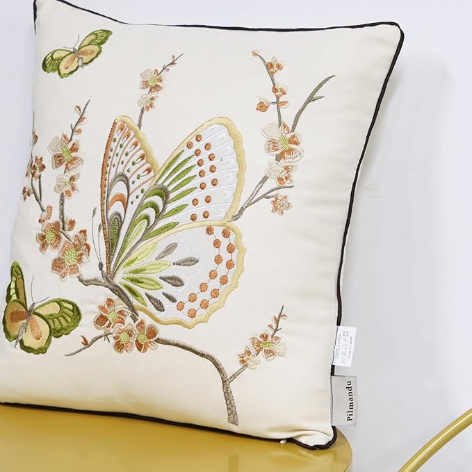 Set of 2 Embroidered Decorative Throw Pillow Covers Couch Square Pillowcases Cushion for Bedroom Sofa Farmhouse Decor 18x18 Inch (Brown Butterfly)