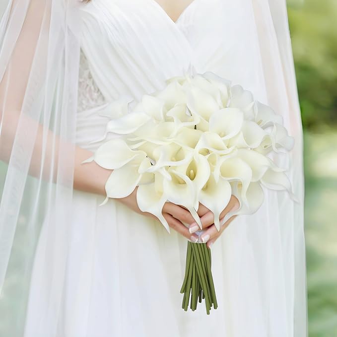 24 Pcs White Artificial Calla Lily Flower White Fake Silk Flowers Real Touch for Wedding Bouquet Office Home Kitchen Decor