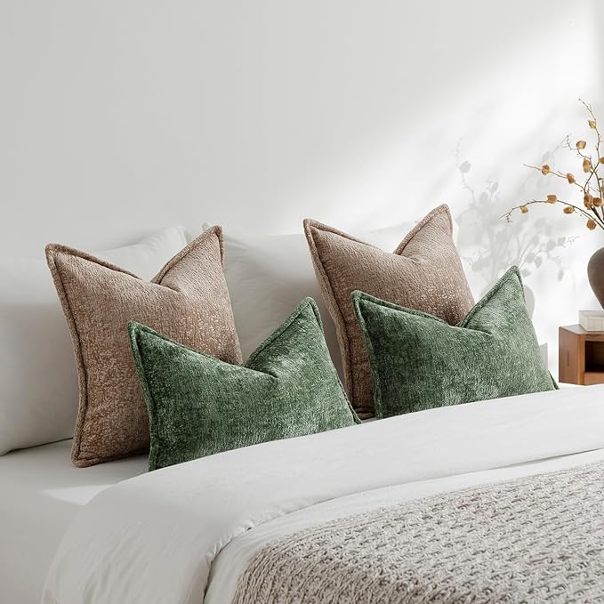 DEZENE Pack of 2 Khaki Decorative Throw Pillow Covers 18x18 Cozy Soft Chenille Accent Vintage Square Couch Pillow Covers for Home Decor Bed Sofa Living Room
