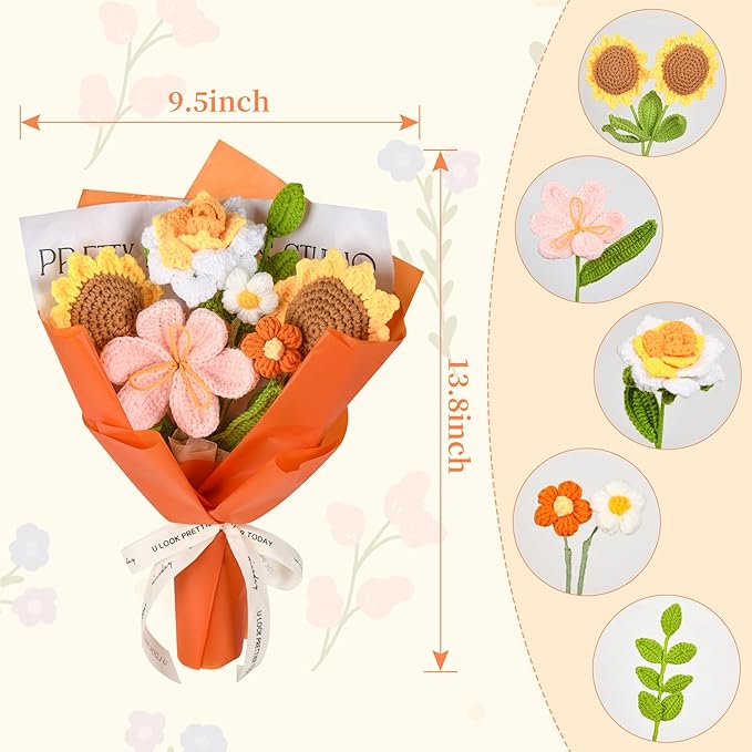 Crochet Flower Bouquet, Orange Crochet Flowers for Mother's Day, Crochet Sunflowers Tulips Roses Bouquet for Valentines Day, Weddings Birthdays Home Decor Gift for Women Moms Wife Friends
