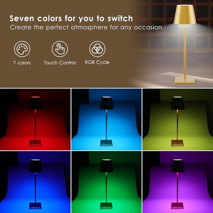2-Pack LED Cordless Table Lamp with RGB & Stepless Dimming, 5000mAh Rechargeable Desk Lamps Battery Operated Table Light Stepless Dimmable Portable Table Lamp for Table/Bedroom/Outdoor (Gold)