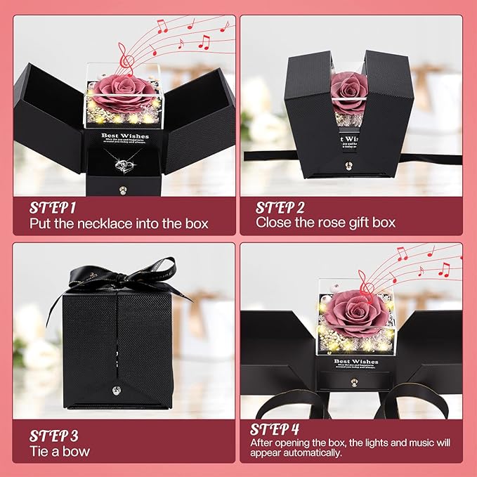 Pasuvsigt Mothers Day Mom Birthday Gifts for Women, Preserved Real Rose with I Love You Heart 100-Language Necklace, LED Lights & Music Box, Anniversary for Women Girlfriend Mom