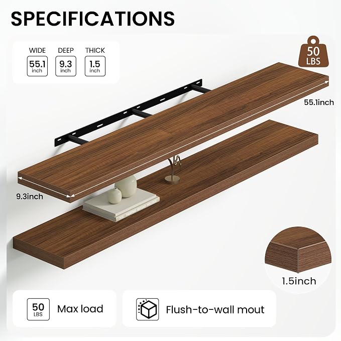 Heimlove 9.3" Deep Floating Shelves for Wall,Long Floating Shelf Set of 2,Wall Mounted Shelves for Bathroom Bedroom Living Room Kitchen Office,Books Storage Room (55" Wx9.3 Dx1.5 H,Set of 2, Walnut