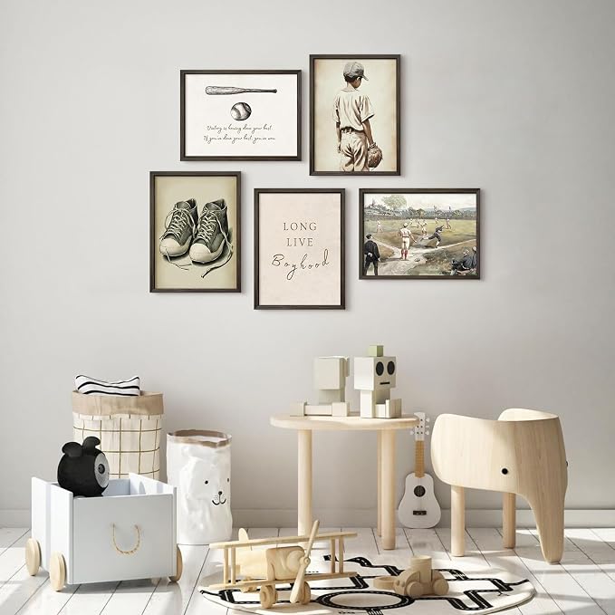 Baseball Nursery Wall Art Decor Vintage Boys Room Canvas Posters Sports Boy Pictures Baseball Vintage Nursery Painting Neutral Sport Kids Room Prints Wall Art for Bedroom 8x10x5 Inch Wood Framed