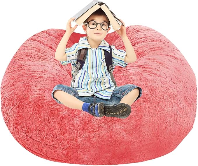 BCU Bean Bag Cover Comfy Beanbag Chair for Adults Without Filler Faux Fur Floor Chair Lazy Sofa Cover Comfy for Living Room Chairs, Rose Red, 3.5FT