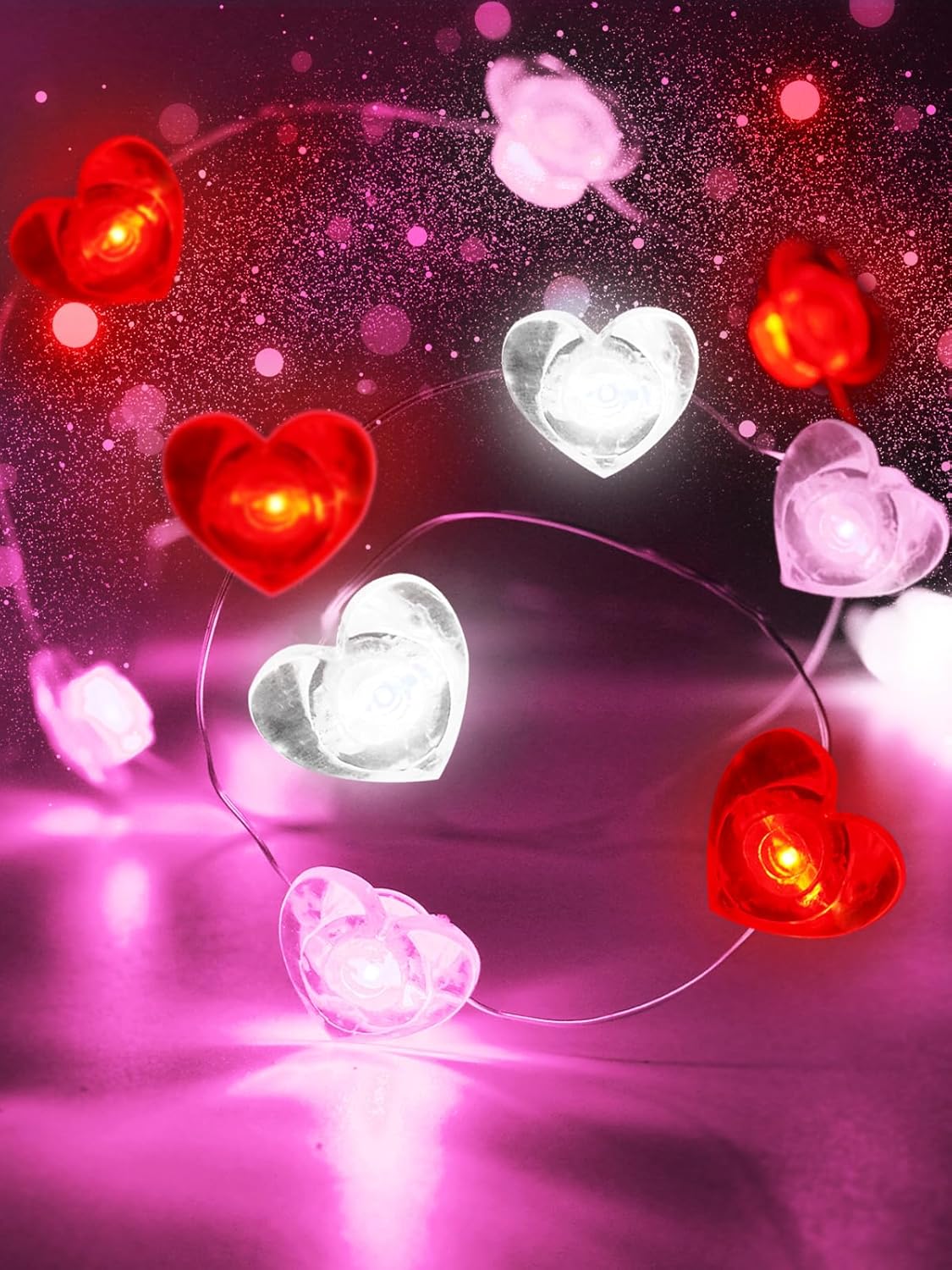 Red Pink White Heart Fairy Lights Battery Operated for Valentines Decor, 10FT 30 LED Battery String Lights with Timer Waterproof for Indoor Outdoor Valentines Proposal Anniversary Wedding Decorations