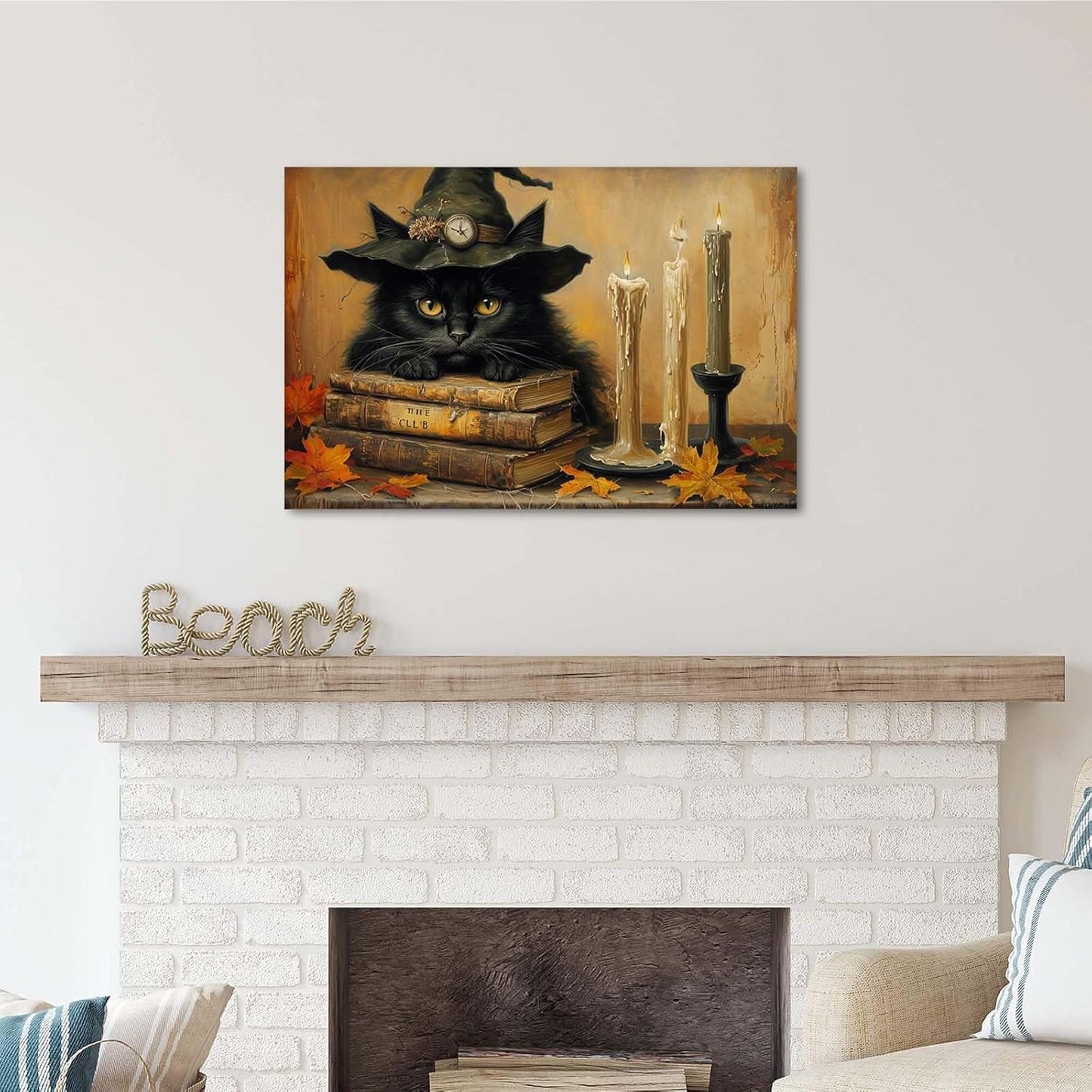 JFHCQJPK Vintage Halloween wall decoration black cat and magic book suitable for home bedroom living room decoration dark classic art witch wall decoration24x36in Frameless