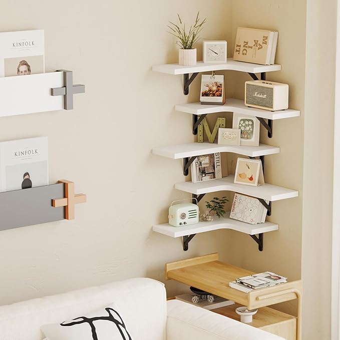 Fixwal Floating Shelves for Wall, Rustic Wood Wall Mounted Corner Shelf for Bathroom, Kitchen, Bedroom, Home Decor, Laundry Room, Living Room, Set of 5 (White)