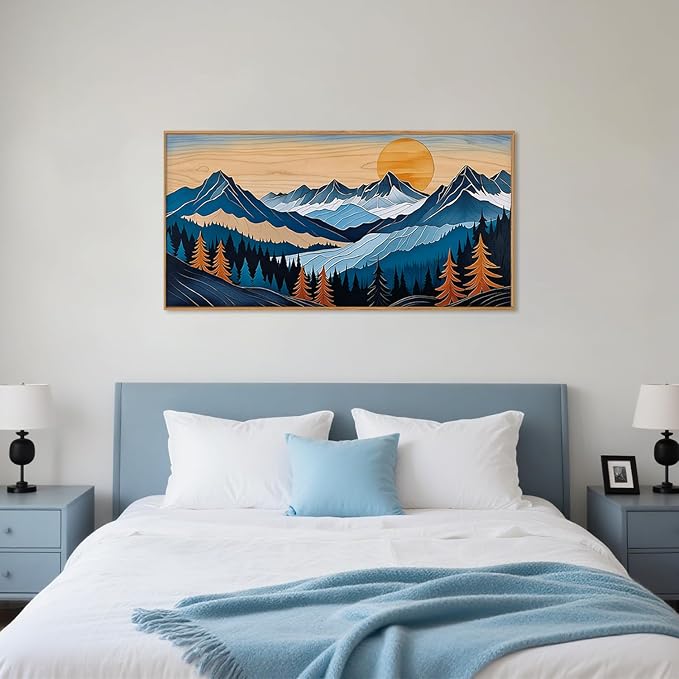 Boho Vintage Mountain Framed Canvas Wall Art Set, Blue Abstract Ridge Wall Decor,Woodcut Pine Tree Landscape Wall Painting,Sunrise Forest Art Print for Living Room,Bedroom,Office-20 X40