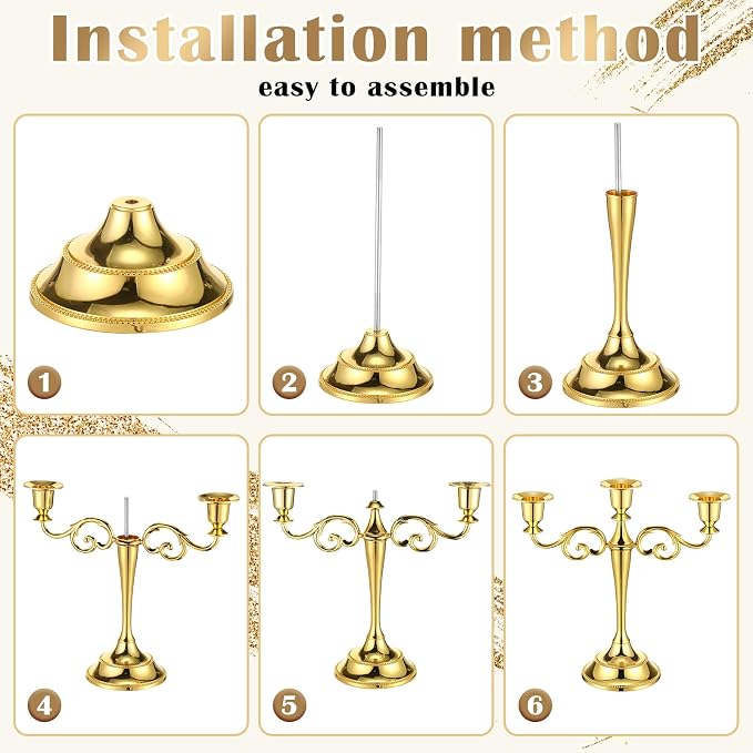Dandat 3 Pcs 3 Arm Metal Candelabra Candlestick Holders Tall Candlestick Holders Gothic Candle Holder for Home Wedding Church Christmas Party(Classic,10 Inch,Gold)