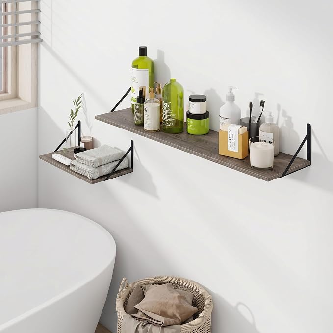 Vivelove Deep Floating Shelves for Wall, 36W x 8D Rustic Grey Wood Wall Shelves Set of 2, Large Floating Shelf for Living Room, Kitchen, Office, Bedroom and Decor Storage, with Metal Bracket - Grey