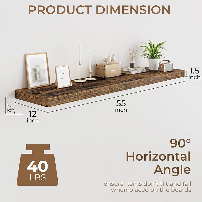 RICHFOCUS 55 Inch 12" D Floating Shelves for Wall 2 Pack Long Wall Shelves for Room Wall|Large Wood Hanging Shelf with Invisible Brackets for Bathroom Bedroom Kitchen Laundry Room, Rustic Brown