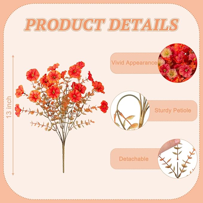 Hrobek Fall Artificial Flowers for Decoration, 12 Bundles Fake Autumn Flower Plants Petunias, Faux Silk Morning Glory Eucalyptus for Planter Garden Porch Front Door Window Box, Red Orange