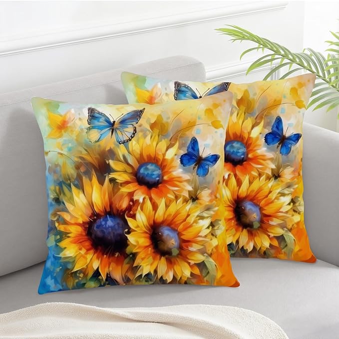 Oil Painting Sunflower Pillow Covers Sun Flower with Butterfly Throw Pillow Covers 20x20 Set of 2 Vintage Pillowcase Double Sided Printing Cushion Case for Home Decor Outdoor Sofa