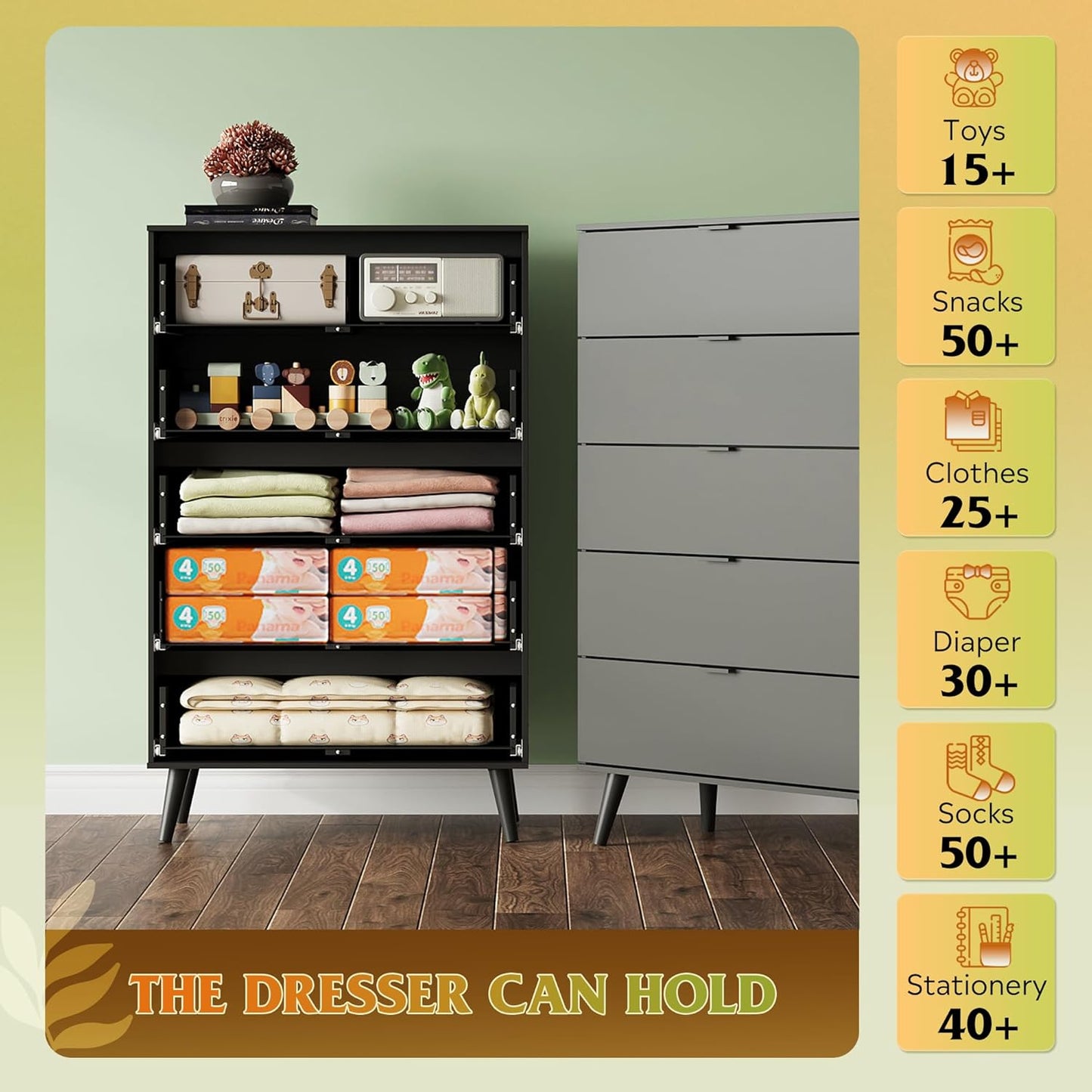 WLIVE 5 Drawer Dresser for Bedroom, Tall Wood Dresser, Black Dressers Storage Organizer with Sturdy Metal Handle, Chest of Drawers for Living Room, Hallway, Closet