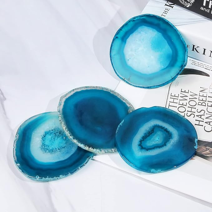 Blue Agate Coaster Set of 4 for Coffee Table | Natural Geode Coasters for Drink, 3.5-4" Stone Coaster Agate Decor for Housewarming Birthday Wedding Gift Father's Day